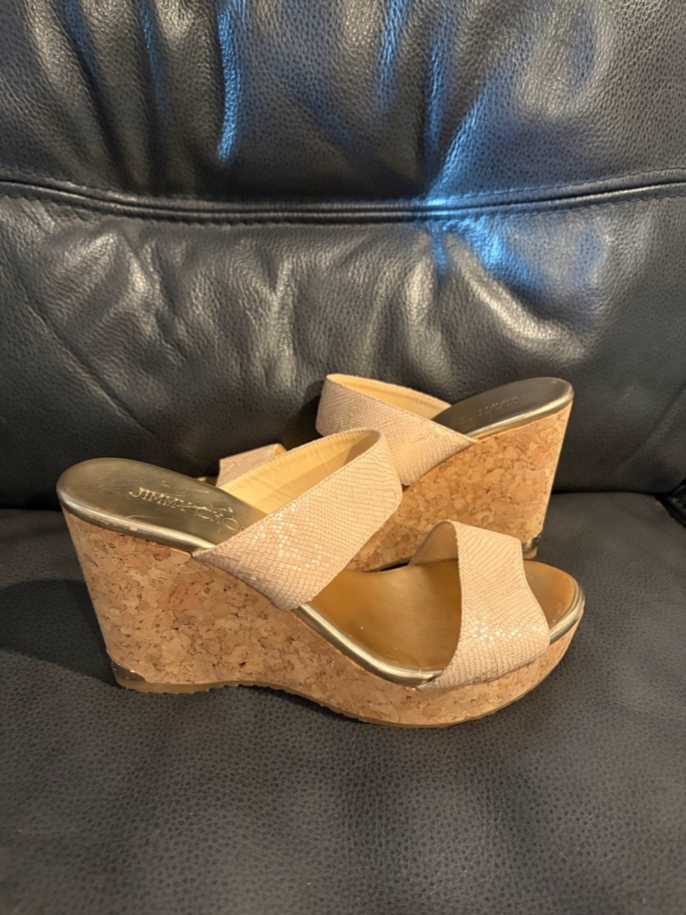 Jimmy Choo Beige Textured Leather Cork Wedge Slides - Picture 3 of 12